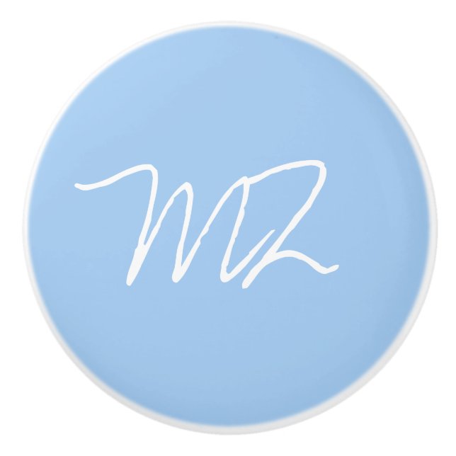 Monogram White on Baby Blue Ceramic Knob (Front)