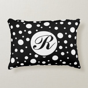 Monogram White on Black Polka Dot Pattern Decorative Cushion