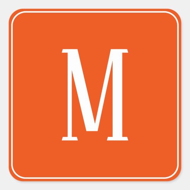 Monogram White on Bright Orange Square Sticker (Front)
