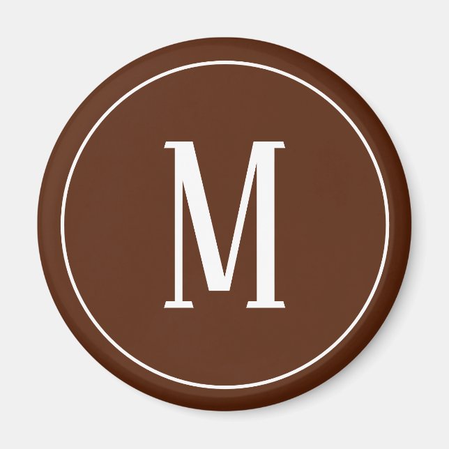 Monogram White on Brown Round Magnet (Front)