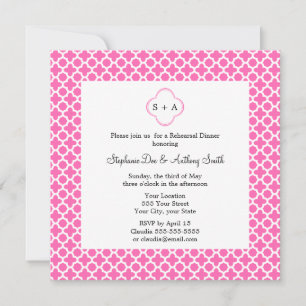 Monogram White on Hot Pink Quatrefoil Pattern Invitation