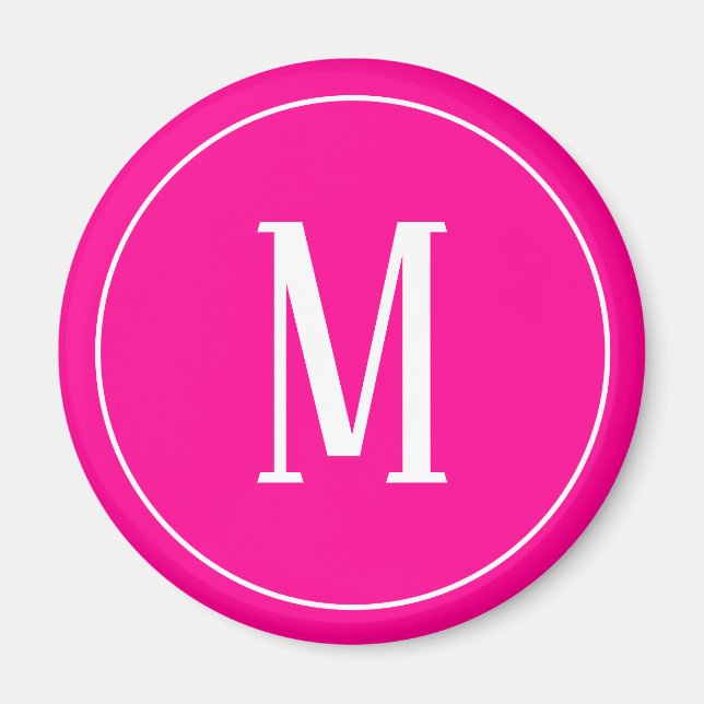 Monogram White on Hot Pink Round Magnet (Front)