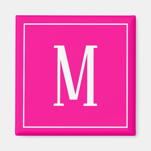 Monogram White on Hot Pink Square Magnet (Front)