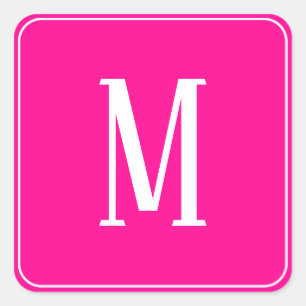 Monogram White on Hot Pink Square Sticker