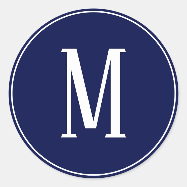 Monogram White on Navy Blue Round Sticker (Front)
