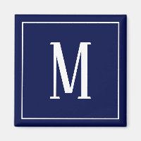 Monogram White on Navy Blue Square Magnet