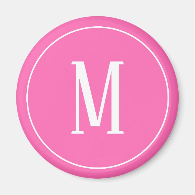 Monogram White on Pink Round Magnet (Front)