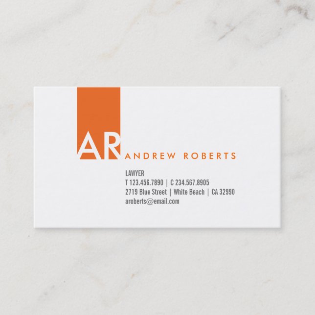 Monogram White Orange Clean Business Card (Front)