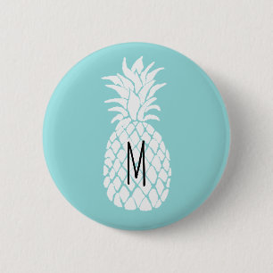 monogram white pineapple on pastel blue 6 cm round badge