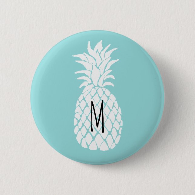 monogram white pineapple on pastel blue 6 cm round badge (Front)