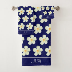 Monogram & White Plumeria Flowers on Navy Blue Bath Towel Set