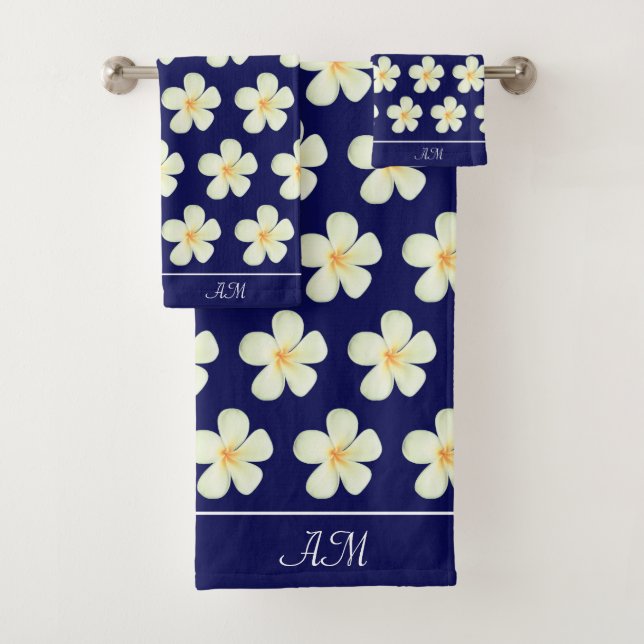 Monogram & White Plumeria Flowers on Navy Blue Bath Towel Set (Insitu)