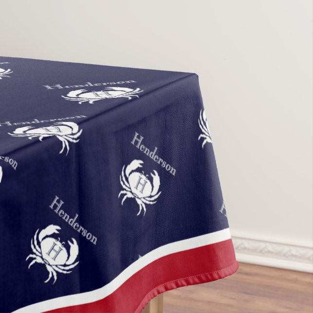 Monogram White Red Crab Nautical Coastal   Tablecloth (In Situ)