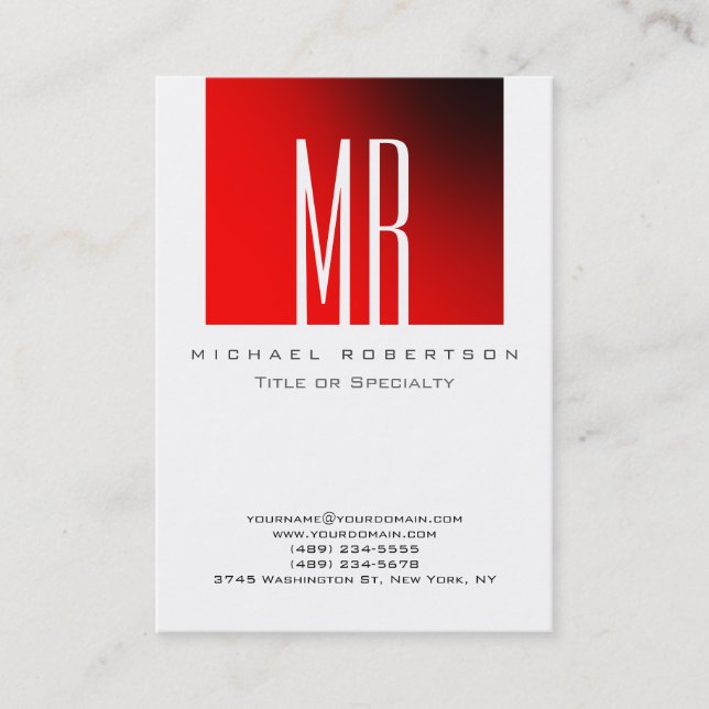Monogram White Red Stripe Chubby Business Card (Front)