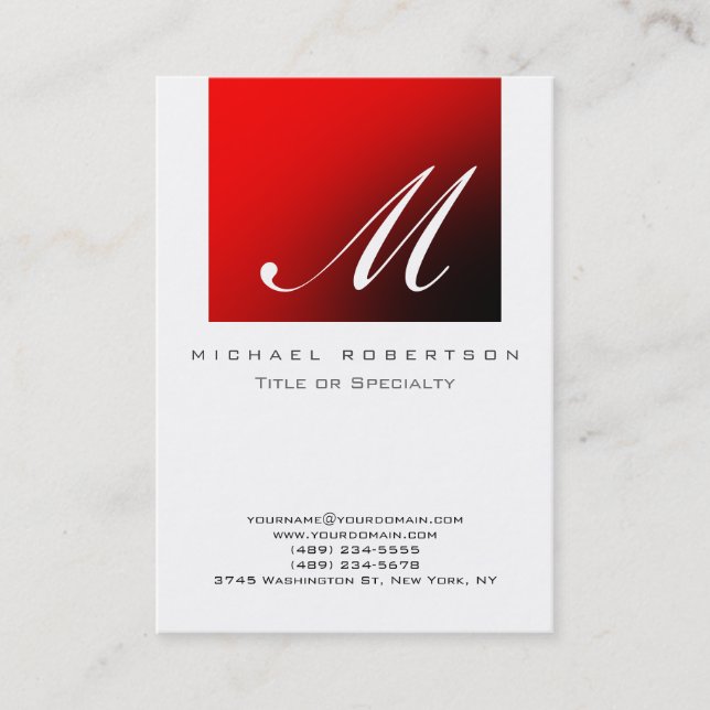 Monogram White Red Stripe Chubby Business Card (Front)