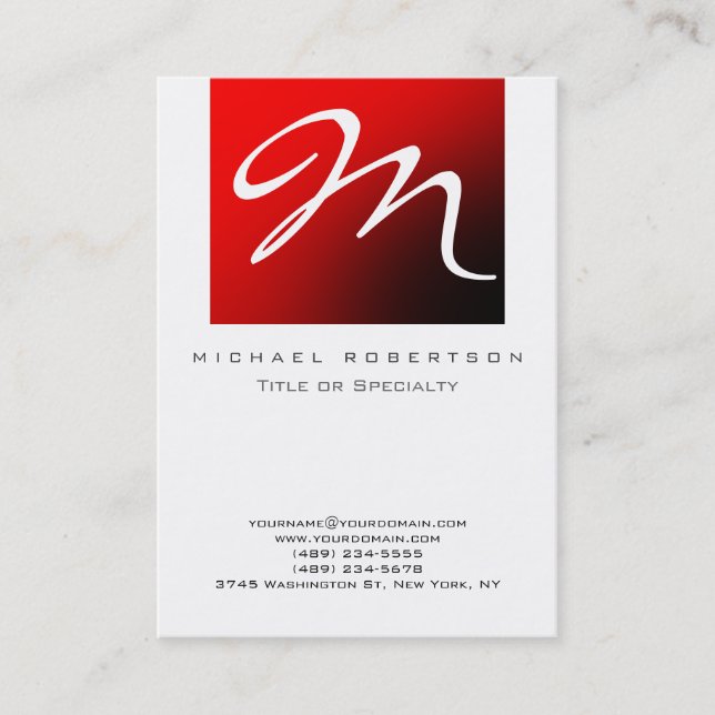 Monogram White Red Stripe Chubby Business Card (Front)