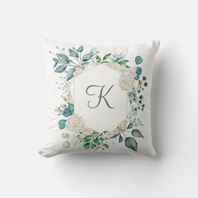 Monogram White Roses Greenery Eucalyptus Floral Cushion (Front)