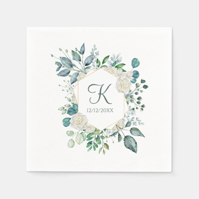 Monogram White Roses Greenery Eucalyptus Wedding  Napkin (Front)