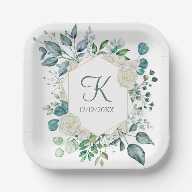 Monogram White Roses Greenery Eucalyptus Wedding  Paper Plate (Front)