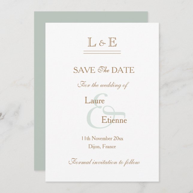 Monogram White Sage Gold Ampersand Save The Date Invitation (Front/Back)