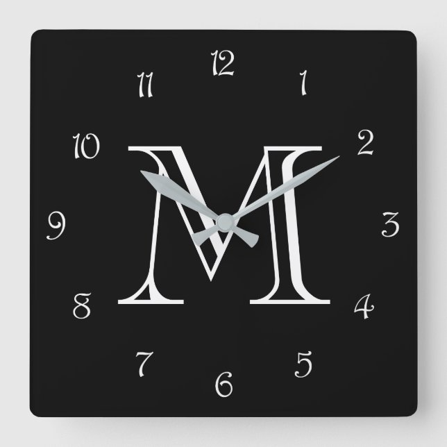 Monogram White Script Numbers On Black wccnt Square Wall Clock (Front)