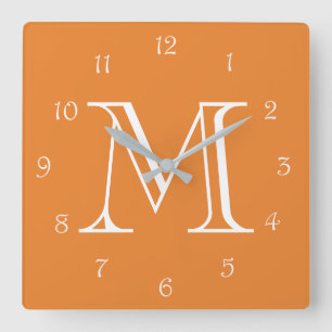 Monogram White Script Numbers On Orange wccnt Square Wall Clock