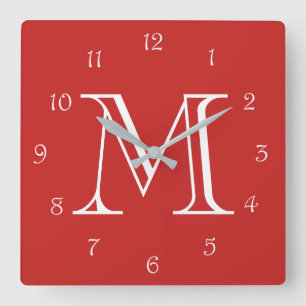 Monogram White Script Numbers On Red wccn Square Wall Clock