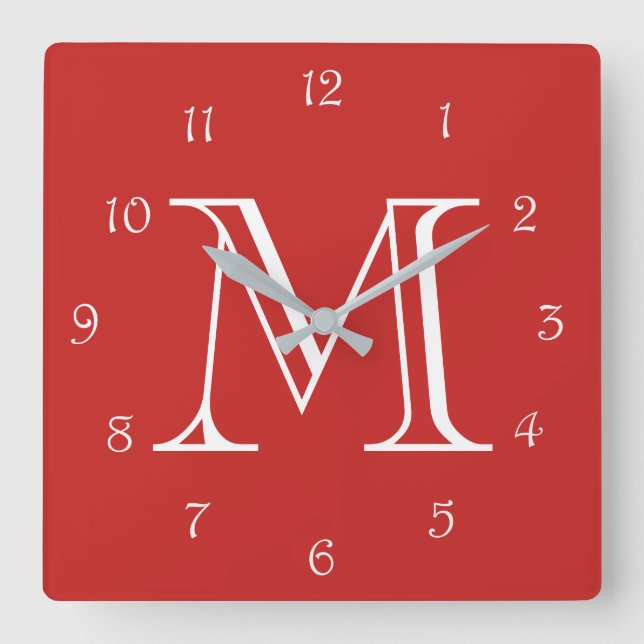 Monogram White Script Numbers On Red wccnt Square Wall Clock (Front)