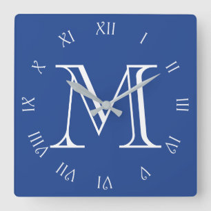 Monogram White Script Roman Numbers On Blue wccn Square Wall Clock