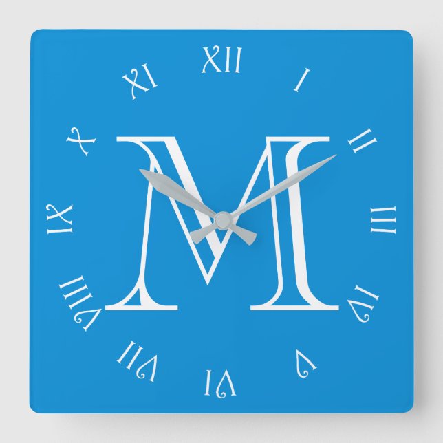 Monogram White Script Roman Numbers On Blue wccnt Square Wall Clock (Front)