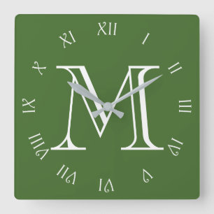 Monogram White Script Roman Numbers On Green wccn Square Wall Clock