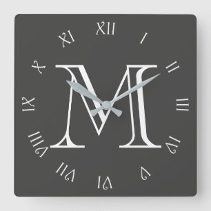 Monogram White Script Roman Numbers On Grey wccn Square Wall Clock