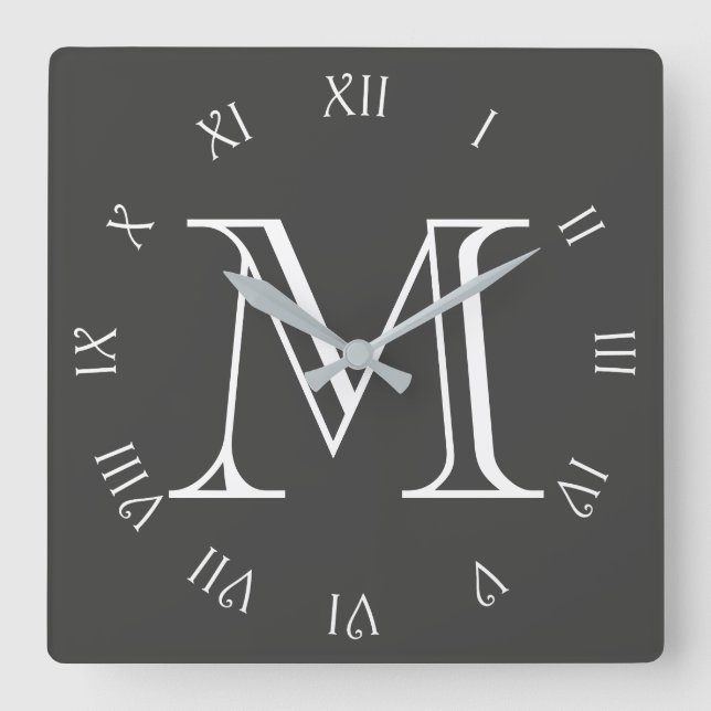 Monogram White Script Roman Numbers On Grey wccnt Square Wall Clock (Front)
