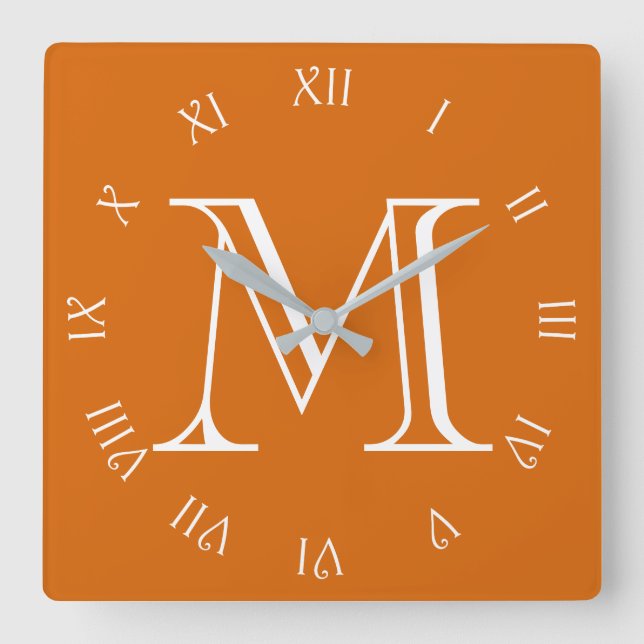 Monogram White Script Roman Numbers On Orange wccn Square Wall Clock (Front)