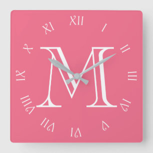 Monogram White Script Roman Numbers On Pink wccn Square Wall Clock