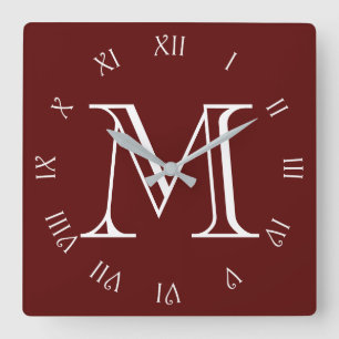 Monogram White Script Roman Numbers On Red wccnt Square Wall Clock