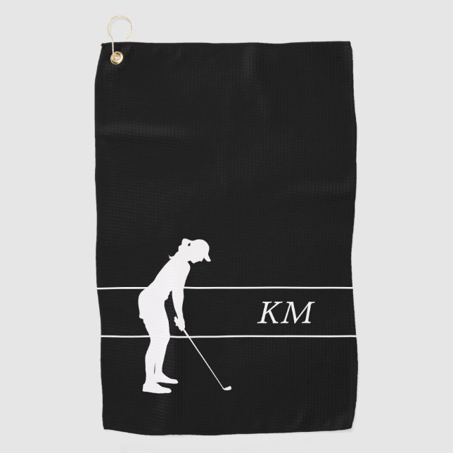 Monogram White Silhouette Woman Golfer Golf Towel (Front)