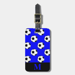 Monogram White Soccer Football Balls on Blue Luggage Tag