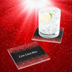 Monogram - White text on black with red glitter Glass Coaster