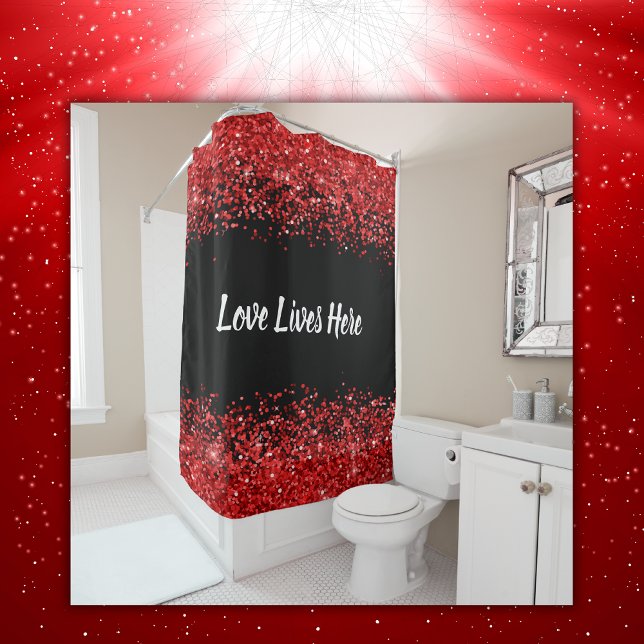 Monogram - White text on black with red glitter | Shower Curtain (Creator Uploaded)