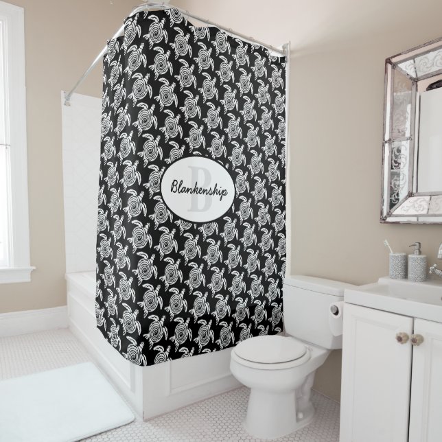 Monogram White Tribal Turtle Pattern Over Black Shower Curtain (In Situ)