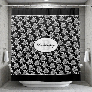 Monogram White Tribal Turtle Pattern Over Black Shower Curtain