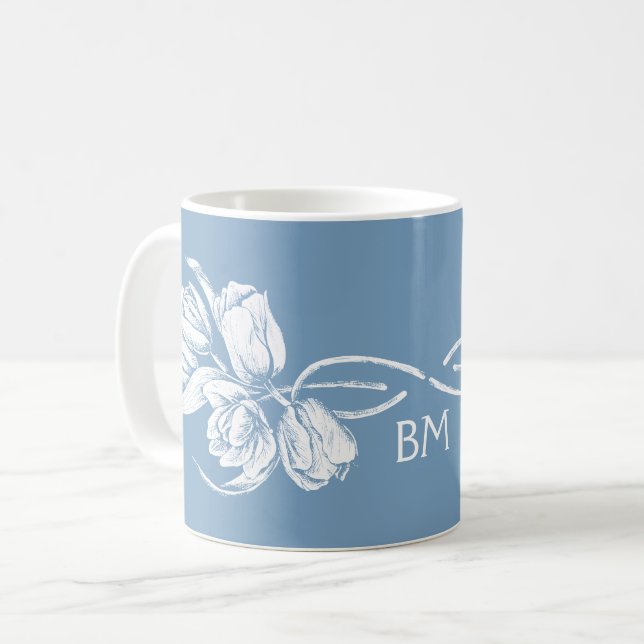 Monogram White Tulips on Dusk Blue Coffee Mug (Front Left)