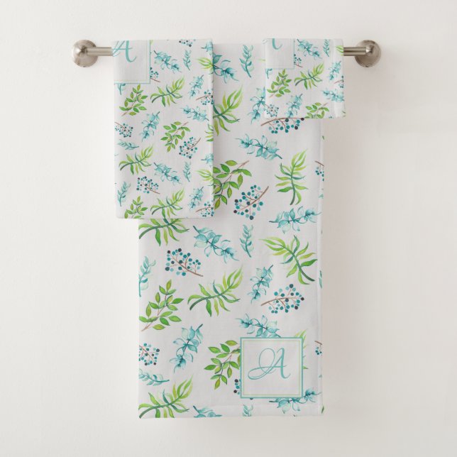 Monogram Wildflowers Blue Green Wedding Decor Bath Towel Set (Insitu)