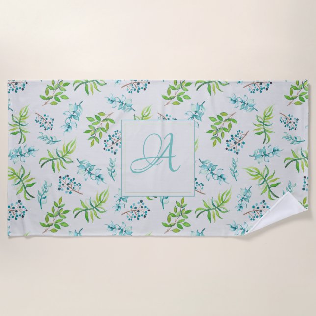 Monogram Wildflowers Blue Green Wedding Decor Beach Towel (Front)