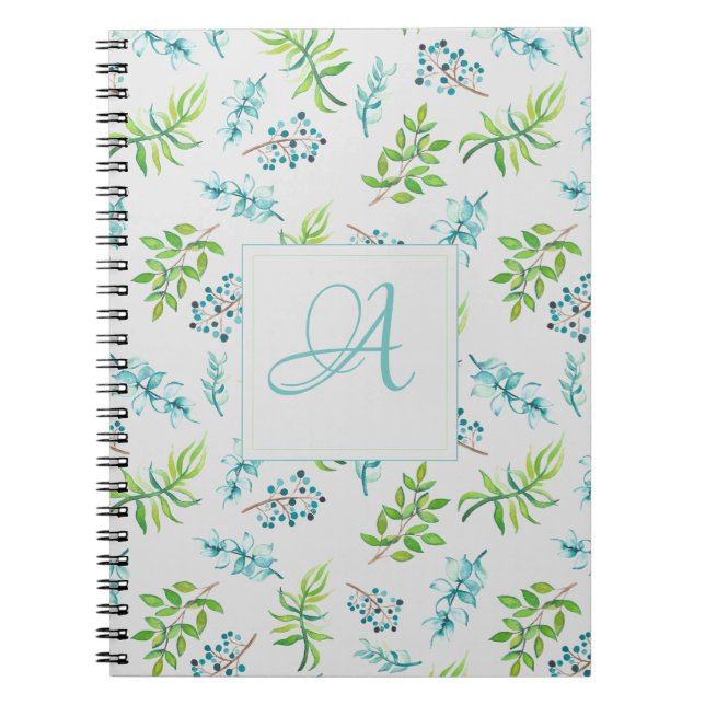 Monogram Wildflowers Blue Green Wedding Decor Notebook (Front)