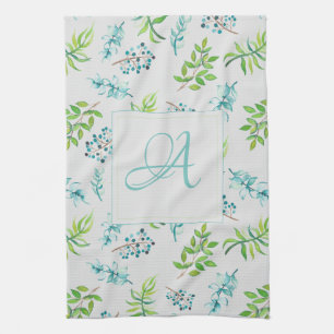 Monogram Wildflowers Blue Green Wedding Decor Tea Towel