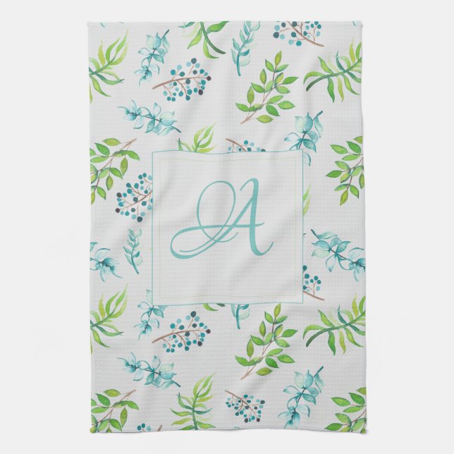 Monogram Wildflowers Blue Green Wedding Decor Tea Towel (Vertical)