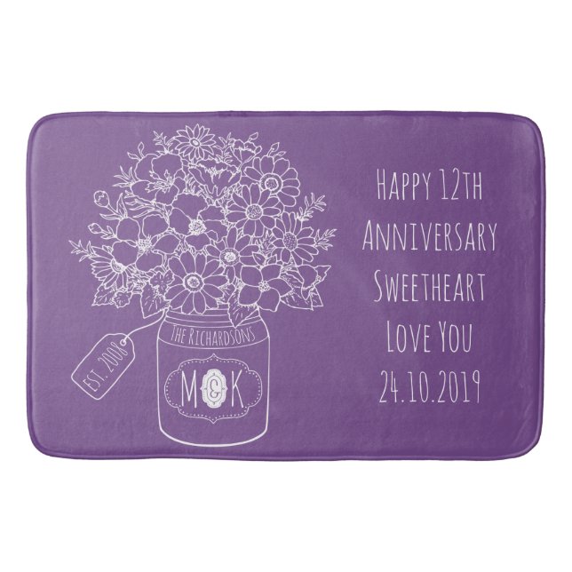 Monogram Wildflowers Bouquet Hand-Drawn Mason Jar Bath Mat (Front)