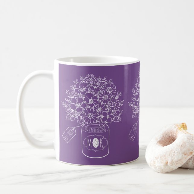 Monogram Wildflowers Bouquet Hand-Drawn Mason Jar Coffee Mug (With Donut)